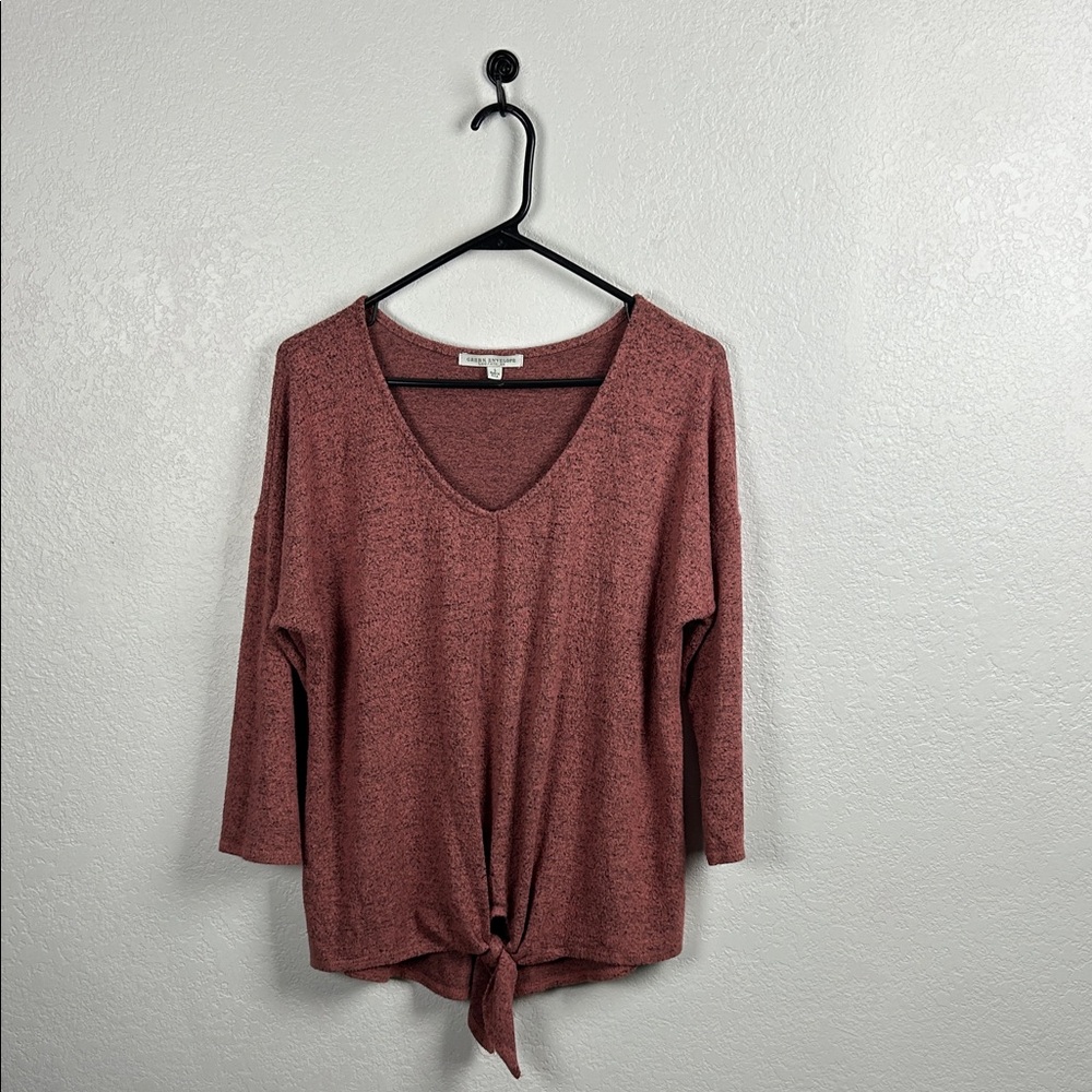 Green Envelope Maroon Long Sleeve Tie-Front Top Lightweight Casual V Neck